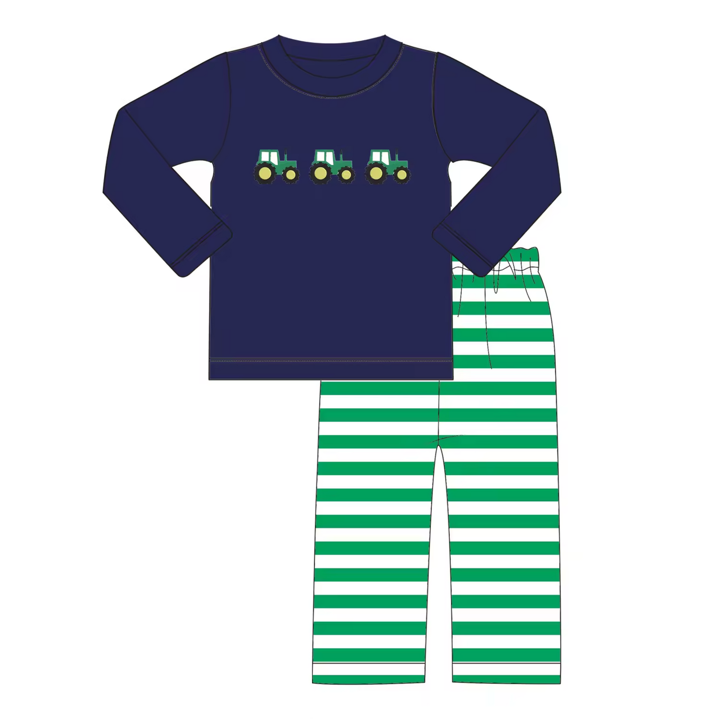 Custom moq 3 eta 6-8weeks  Navy Blue Trucker Long Sleeve Top - Green Striped Pants Set