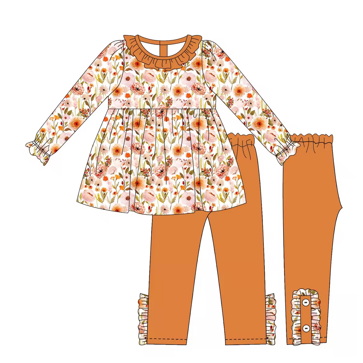 Custom moq 3 eta 6-8weeks  Orange Rose Leaf Pleated Round Neck Long Sleeve Suit