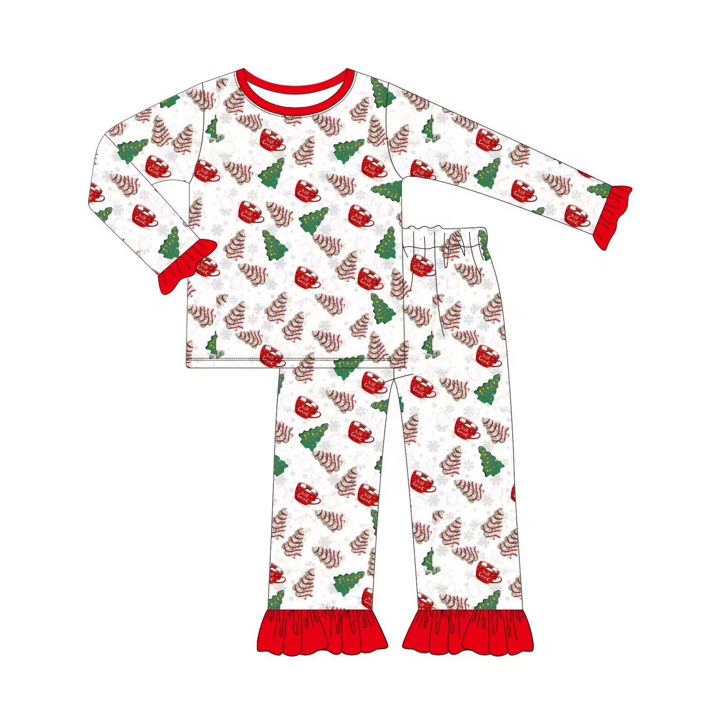 Custom moq 3 eta 6-8weeks  Wooden Strip Tattoo Christmas Tree Mug Red Ruffled Edge Cuff Long Sleeve Suit