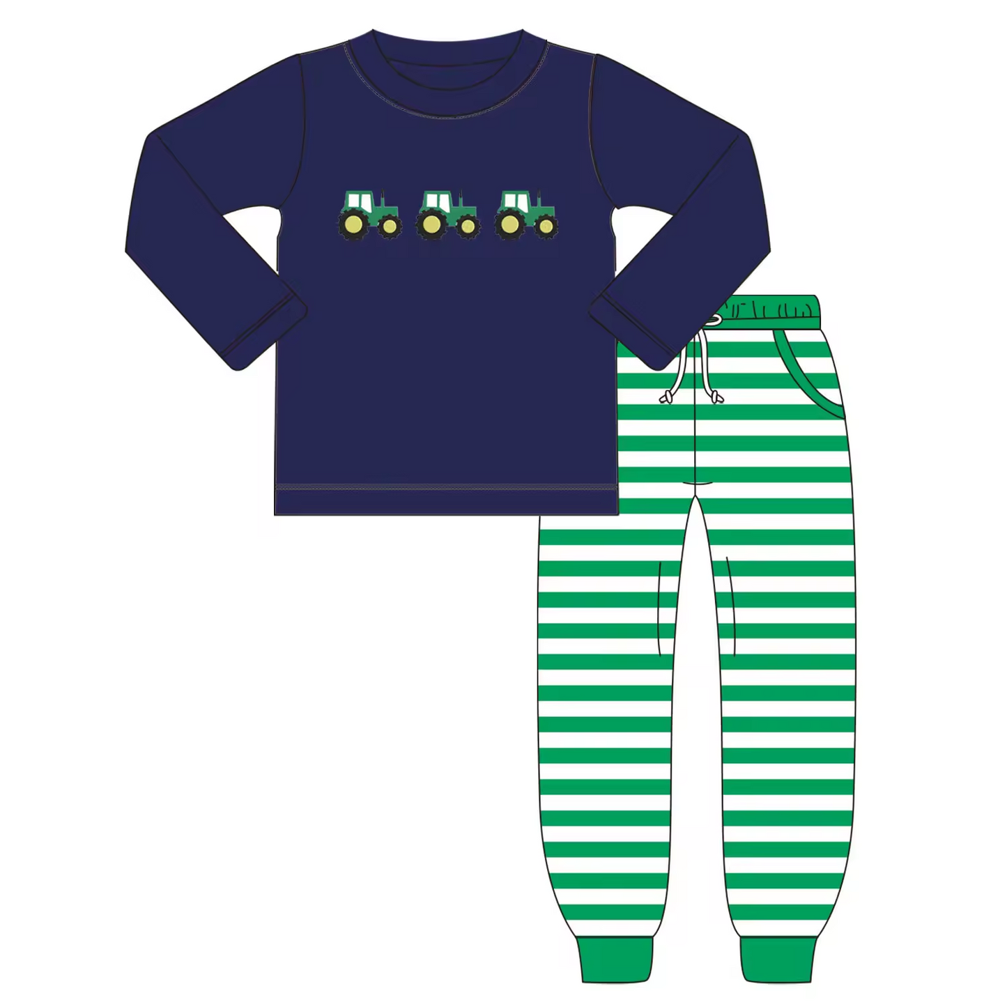 Custom moq 3 eta 6-8weeks  Navy Blue Trucker Long Sleeve Top - Green Striped Drawstring Skinny Pants Set