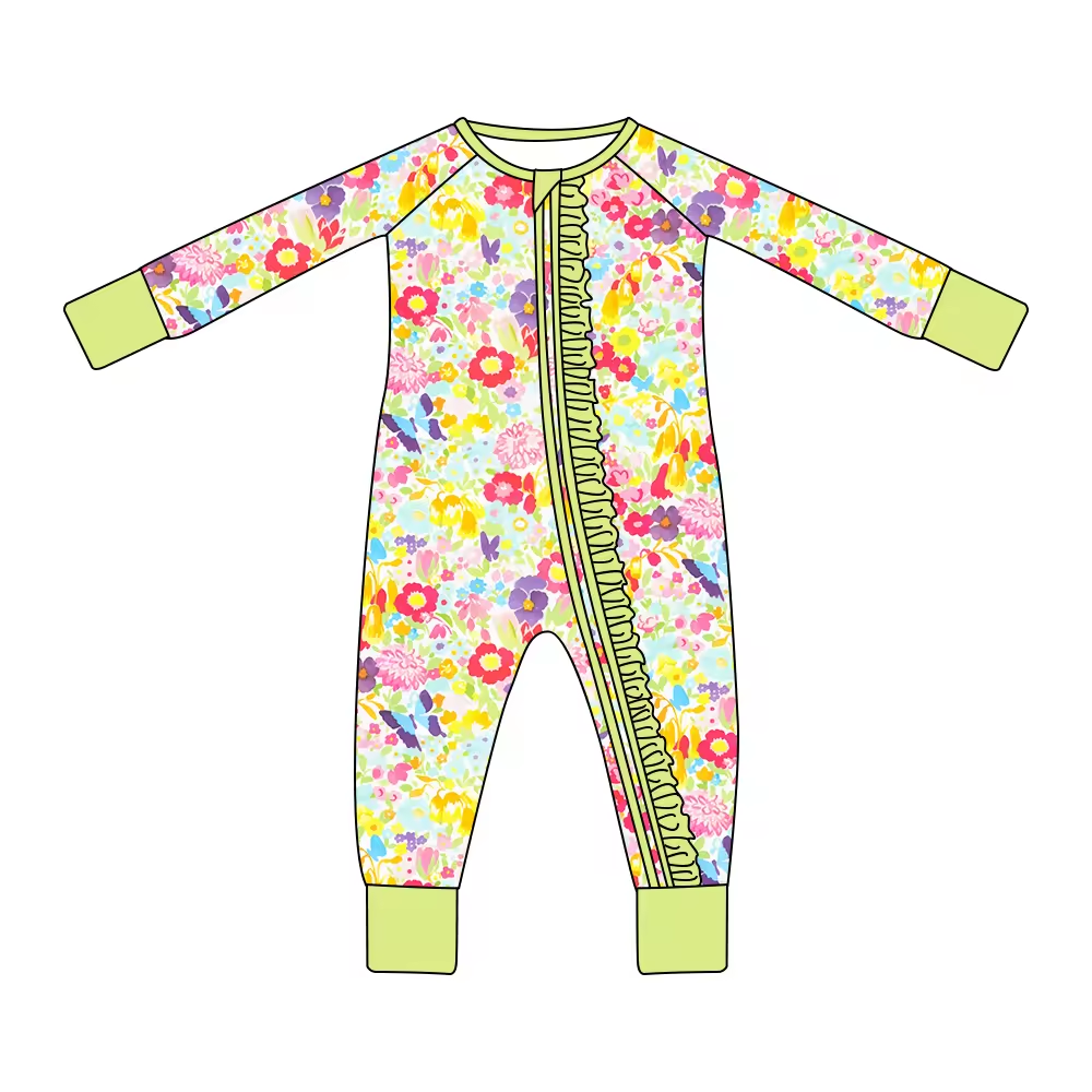 Custom moq 3 eta 6-8 weeks Small flower and butterfly cyan ruffled long romper
