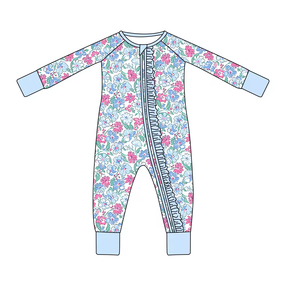 Custom moq 3 eta 6-8 weeks Small floral light blue pleated edge zipper long romper
