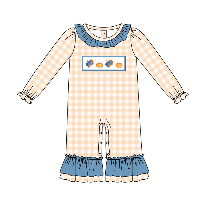 Custom moq 3 eta 6-8 weeks Turkey Pumpkin Orange Plaid Ruffle Neck Maxi Romper