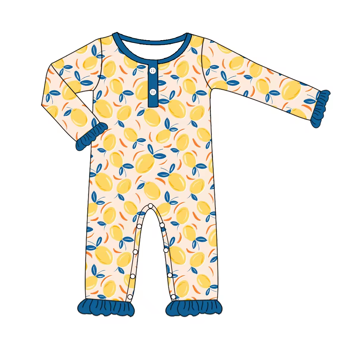 Custom moq 3 eta 6-8 weeks Yellow lemon blue leaf lace cuffs long sleeve romper