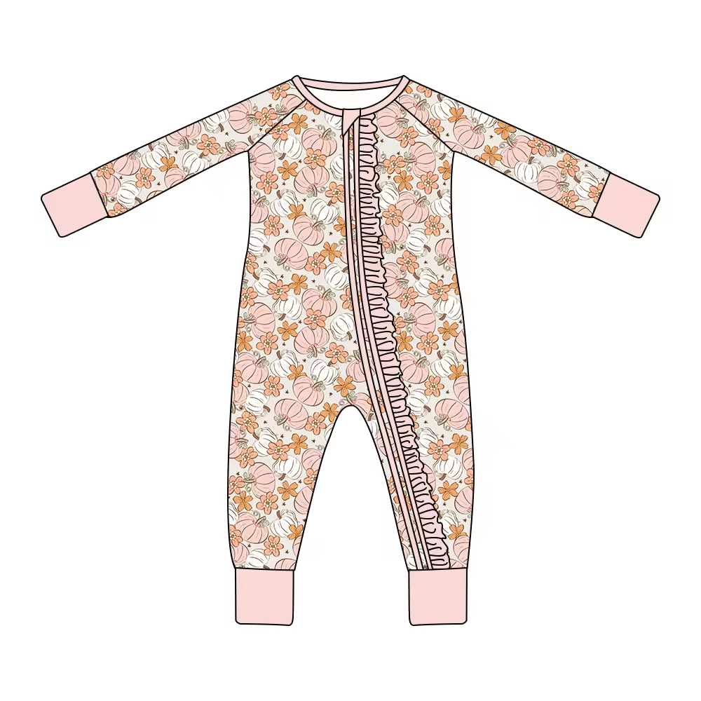 Custom moq 3 eta 6-8 weeks Lotus pink pumpkin flower ruffled edge zipper long romper
