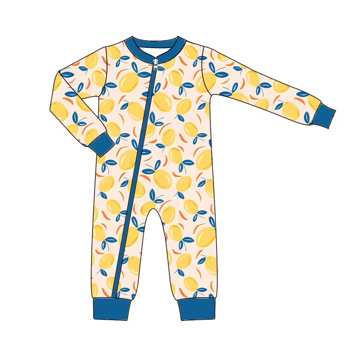 Custom moq 3 eta 6-8 weeks  Yellow lemon blue leaves elastic cuffs long sleeve romper