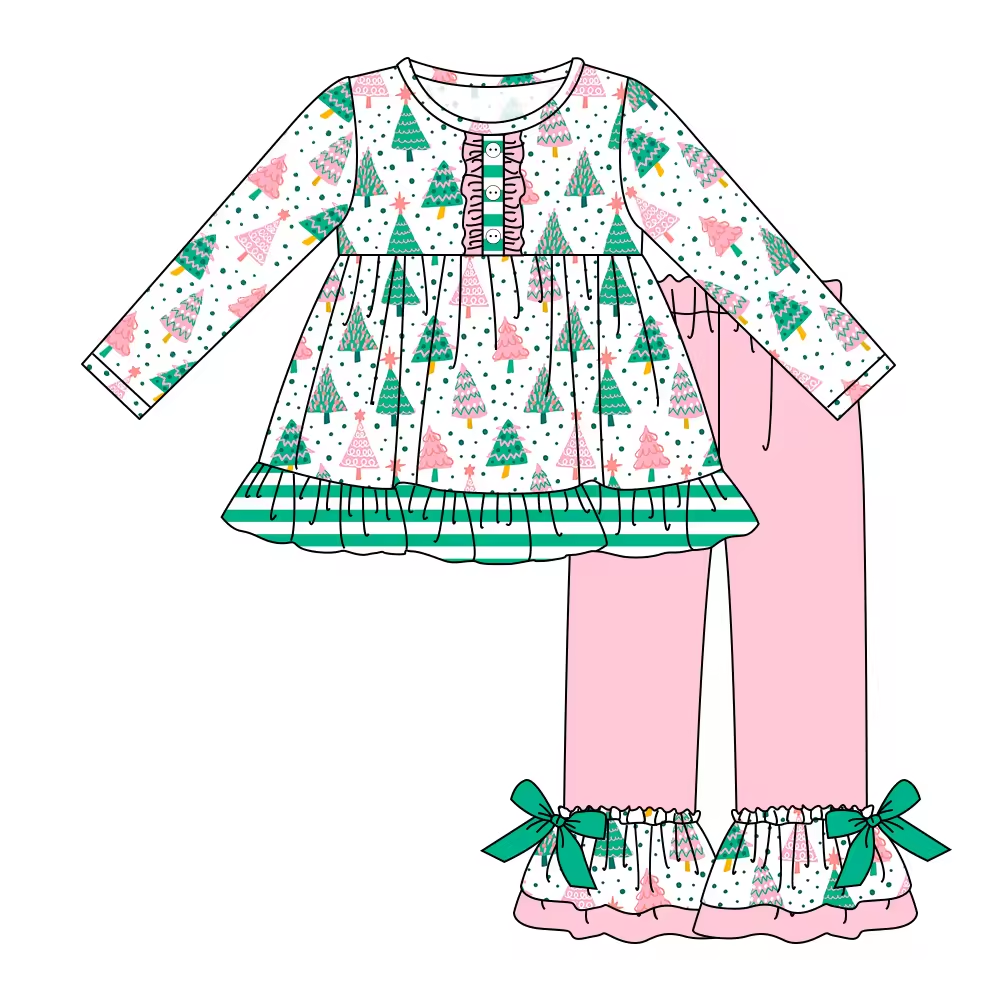 Custom moq 3 eta 6-8weeks  Polka Dot Christmas Tree Green Long Sleeve Top-Pink Straight Pants Set