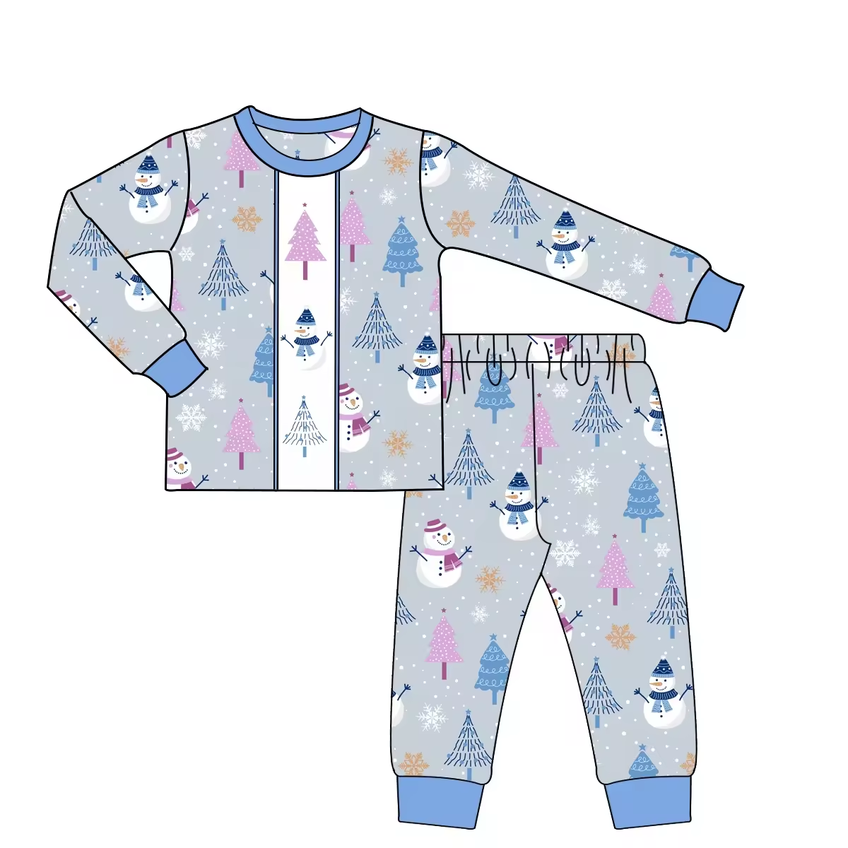 Custom moq 3 eta 6-8weeks Gray Blue Winter Snowman-Pine Boy Long Sleeve Suit