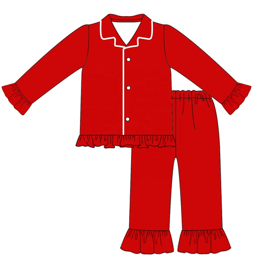 Custom moq 3 eta 7/8week moq 5 eta /4/5week Red ruffled cuffs, button-down cuffs, stand-up collar, long-sleeved pajama set