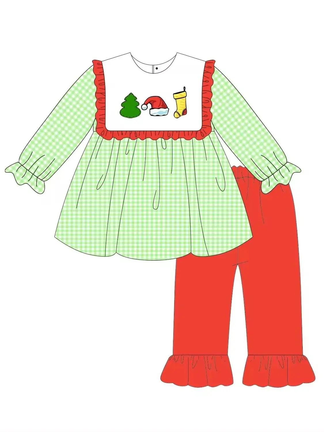 Custom moq 3 eta 6-8weeks Christmas Elements Square Neck Green Plaid Top-Red Pants Long Suit