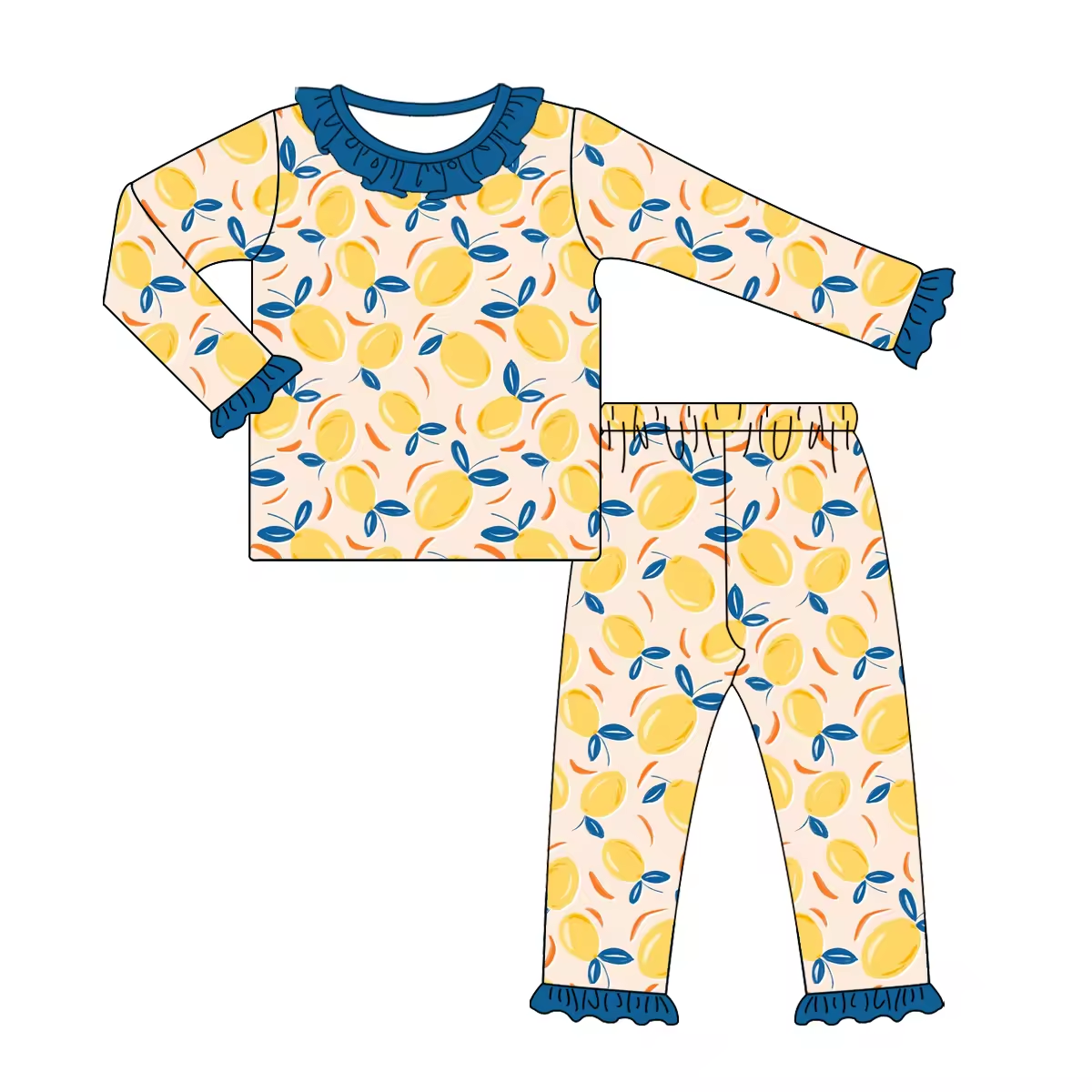 Custom moq 3 eta 6-8weeks  Yellow lemon blue leaf lace cuffs long sleeve suit