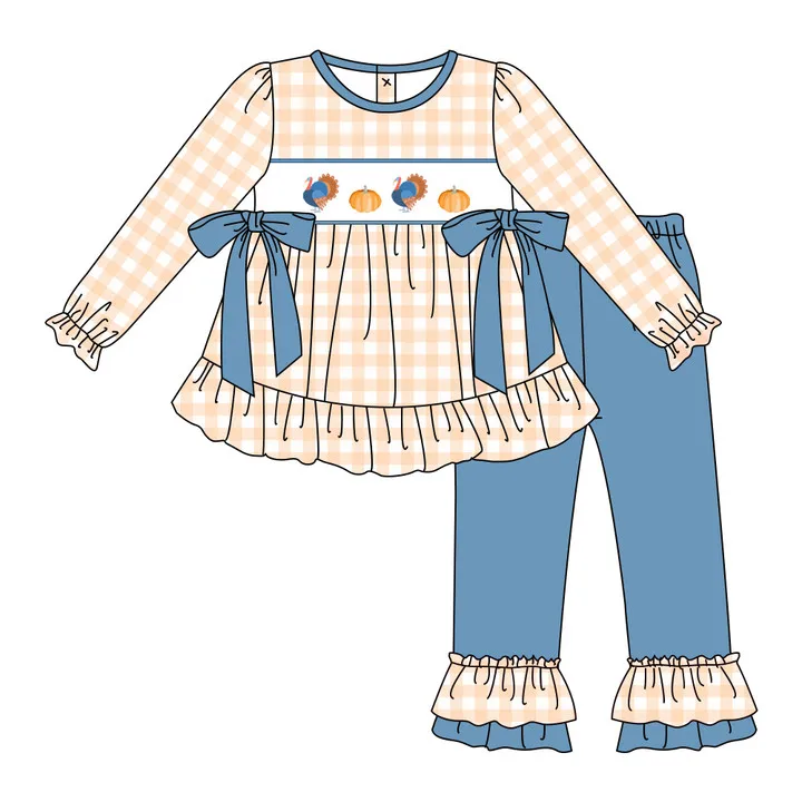 Custom moq 3 eta 6-8weeks Long suit: Turkey Pumpkin Blue Bow-Light Orange Plaid Top-Blue Pants