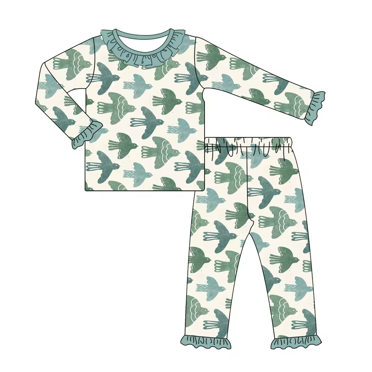 Custom moq 3 eta 6-8weeks  Green Bird Lace Neck Long Sleeve Suit