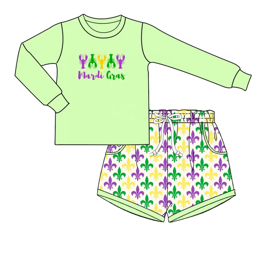 Custom moq 3 eta 6-8 weeks Crayfish pattern fluorescent green long-sleeved top-arrow shorts set
