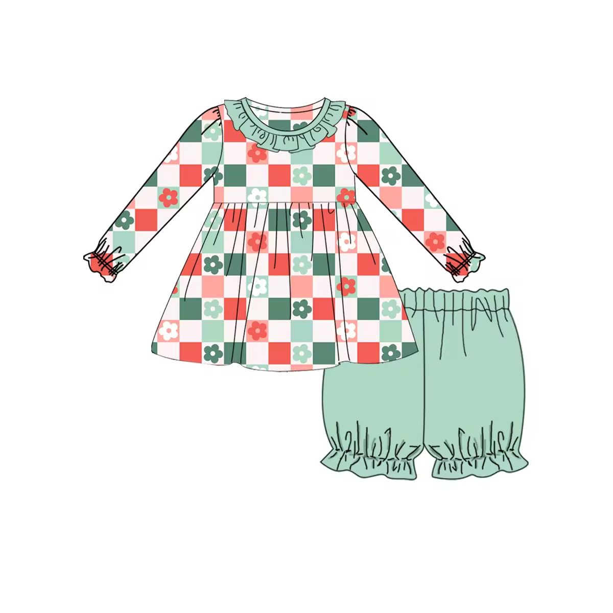 Custom moq 3 eta 6-8 weeks Red-green-pink-beige four-color plaid floral long-sleeved top and green bloomers shorts set