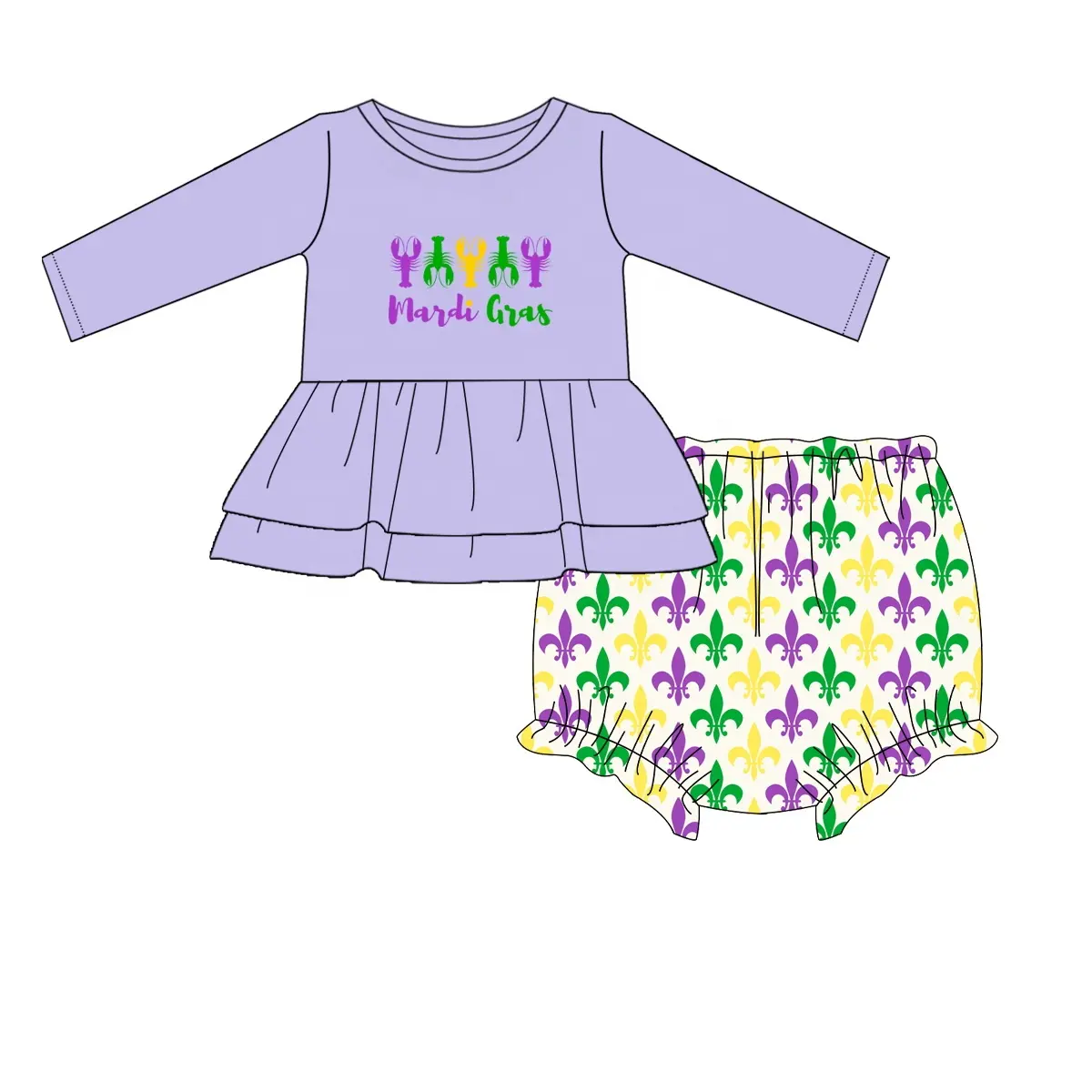 Custom moq 3 eta 6-8 weeks Crayfish Pattern Purple Tutu Skirt Long Sleeve Top-Arrow Shorts Set