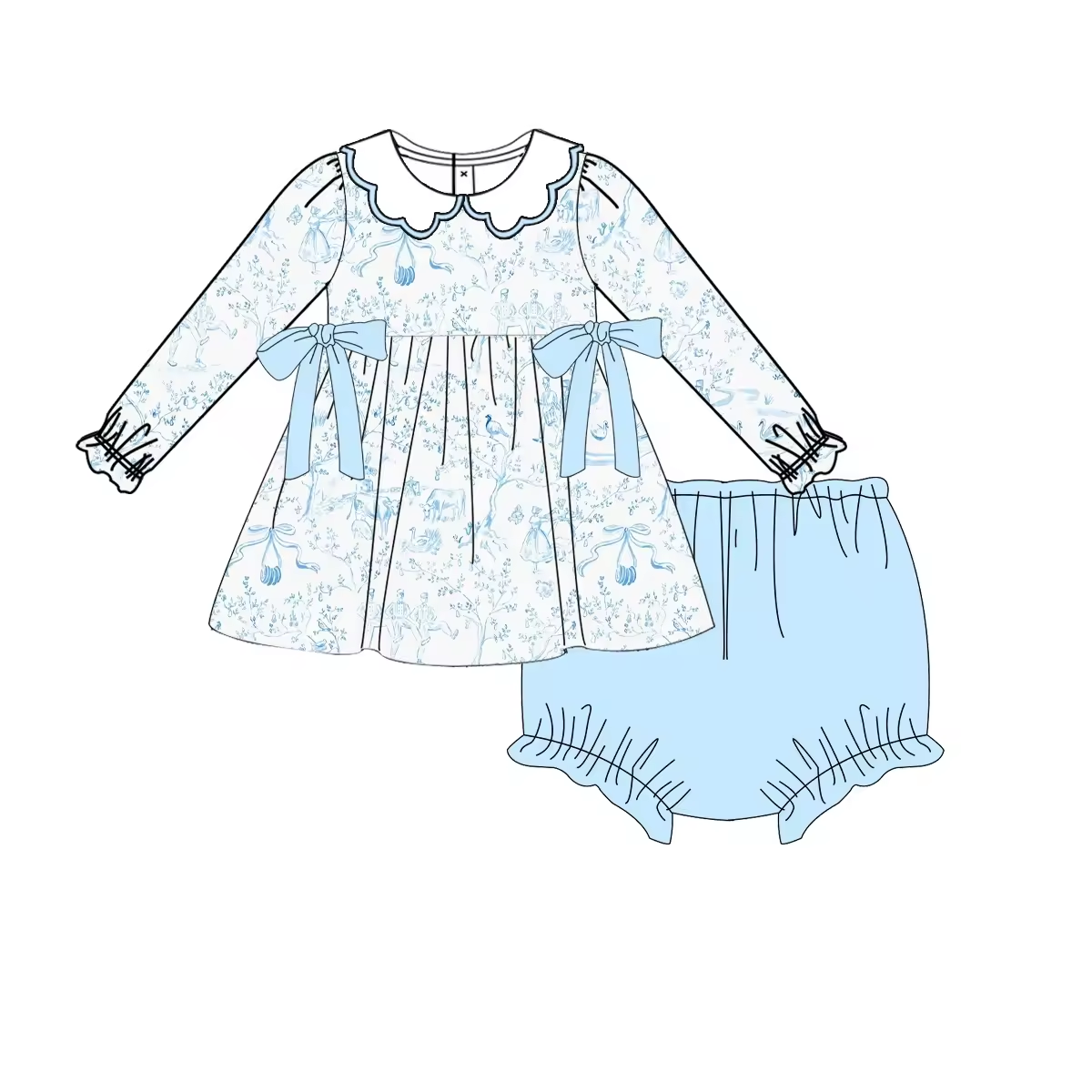 Custom moq 3 eta 6-8 weeks Sky blue pattern line bowknot doll collar long sleeve shorts suit