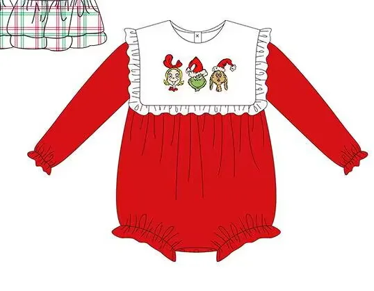 Custom moq 3 eta 6-8weeks Embroidered Christmas Characters White Pleated Square Neck Red Long Sleeve Romper