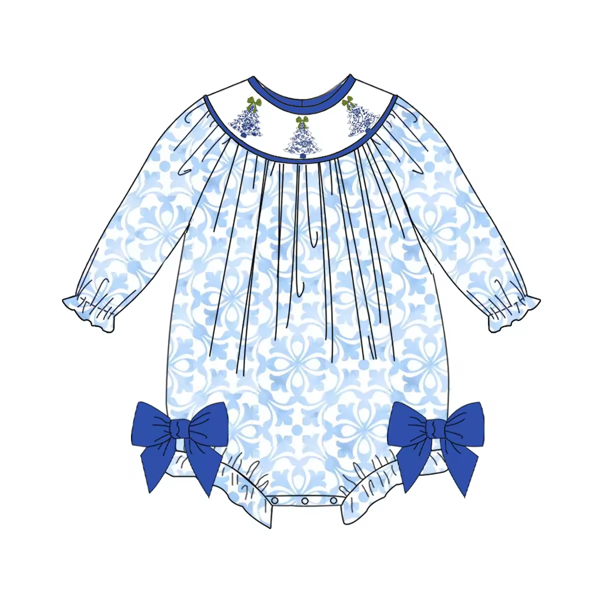 Custom moq 3 eta 6-8weeks Blue bow decoration - blue and white porcelain pattern pleated lantern sleeves long sleeve romper