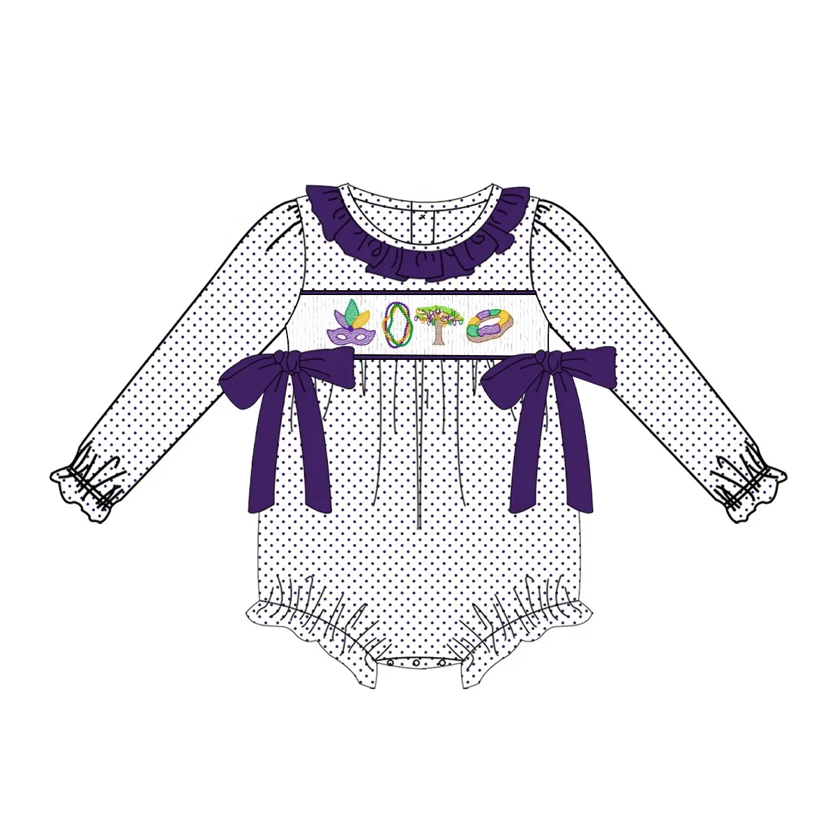 Custom moq 3 eta 6-8 weeks Purple Polka Dot Puff Sleeve Short Sleeve Bow Tie Long Sleeve Short Climbing Suit