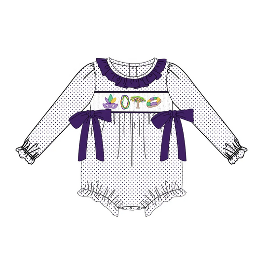 Custom moq 3 eta 6-8 weeks Purple Polka Dot Puff Sleeve Short Sleeve Bow Tie Long Sleeve Short Climbing Suit