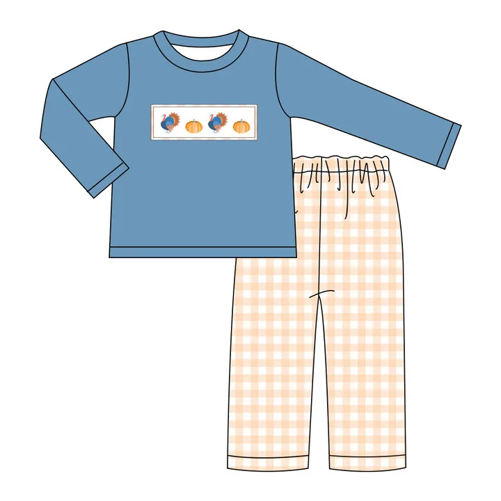Custom moq 3 eta 6-8weeks  Gray Blue Peacock Pumpkin Top-Orange Plaid Straight Pants Set