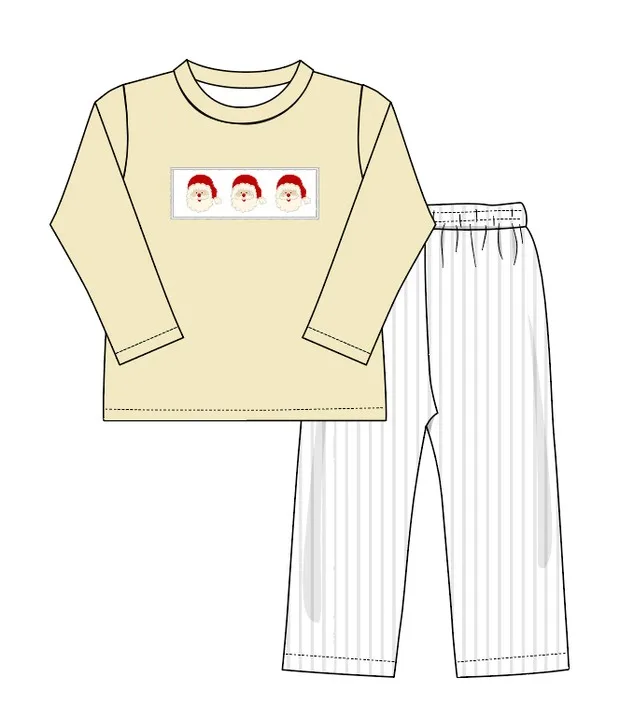 Custom moq 3 eta 6-8weeks Light Yellow Santa Claus Long Sleeve Top - Off-White Vertical Striped Pants Set