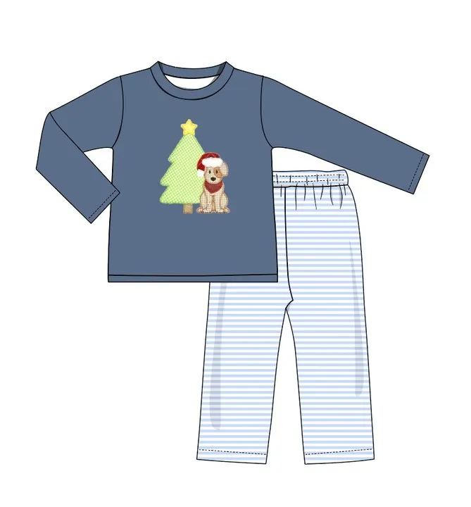 Custom moq 3 eta 6-8weeks  Haze Blue Christmas Tree Puppy Long Sleeve Top-Blue Striped Pants Set