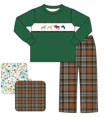 Custom moq 3 eta 6-8weeks  Green Long Sleeve Top - Brown Plaid Trousers Set