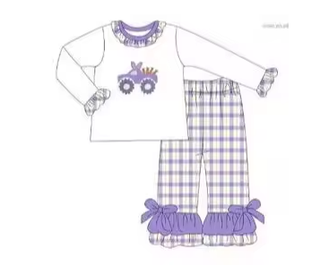 Custom moq 3 eta 6-8weeks  White Trucker Lace Neckline Cuff Top - Purple Plaid Bowknot Trousers Set