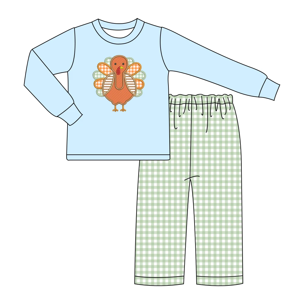 Custom moq 3 eta 6-8weeks  Sky Blue Turkey Top-Green Plaid Straight Pants Set