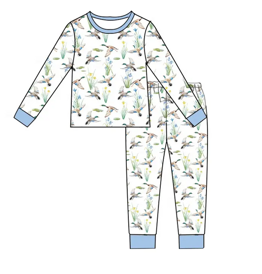 Custom moq 3 eta 7/8week moq 5 eta /4/5week Duck & Rice Printed Blue Long Sleeve Suit