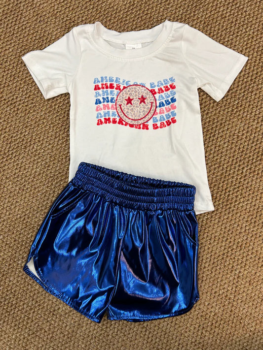 RTS NO MOQ Baby Girls 4th of July Outfit Smile Tops Blue Metallic Shorts Set for Little Girls Patriotic Clothing Baby Girl's Summer Wear