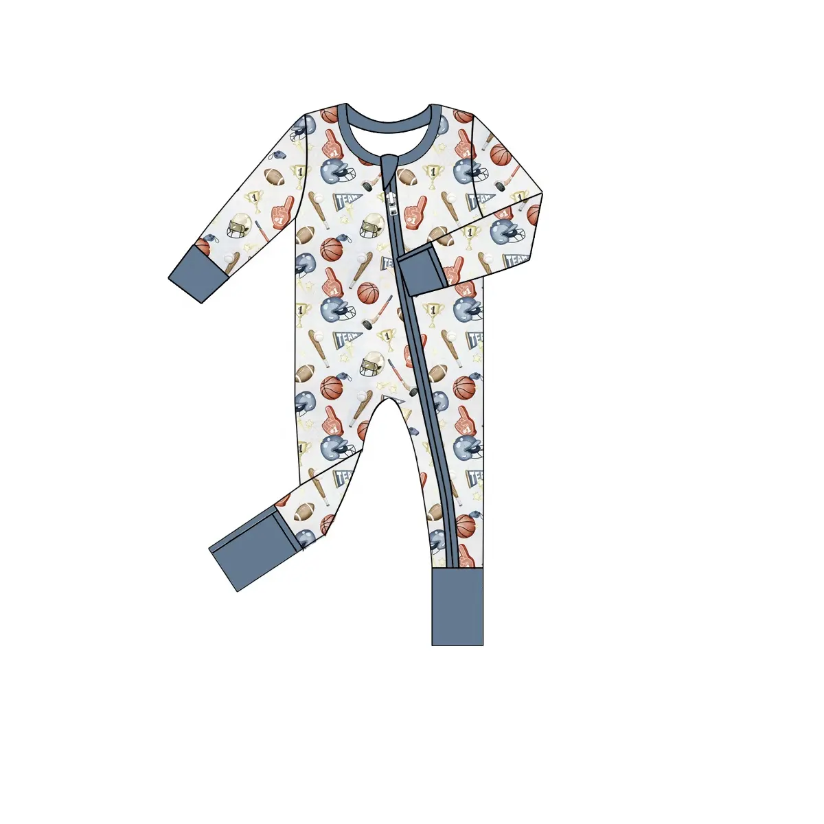 Custom moq 3 eta 7/8week moq 5 eta /4/5week Grey-blue sports sphere pattern long zip-up jumpsuit