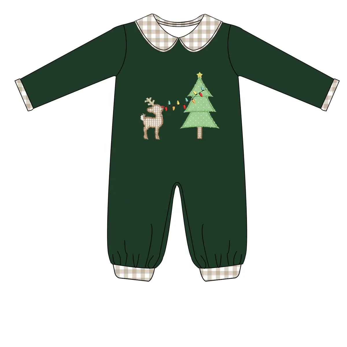 Custom moq 3 eta 7/8week moq 5 eta /4/5week Embroidered Christmas tree elk gray and white plaid doll collar and cuffs dark green long romper