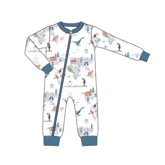 Custom moq 3 eta 7/8week moq 5 eta /4/5week Ink style animal world dark blue long zipper crawling suit