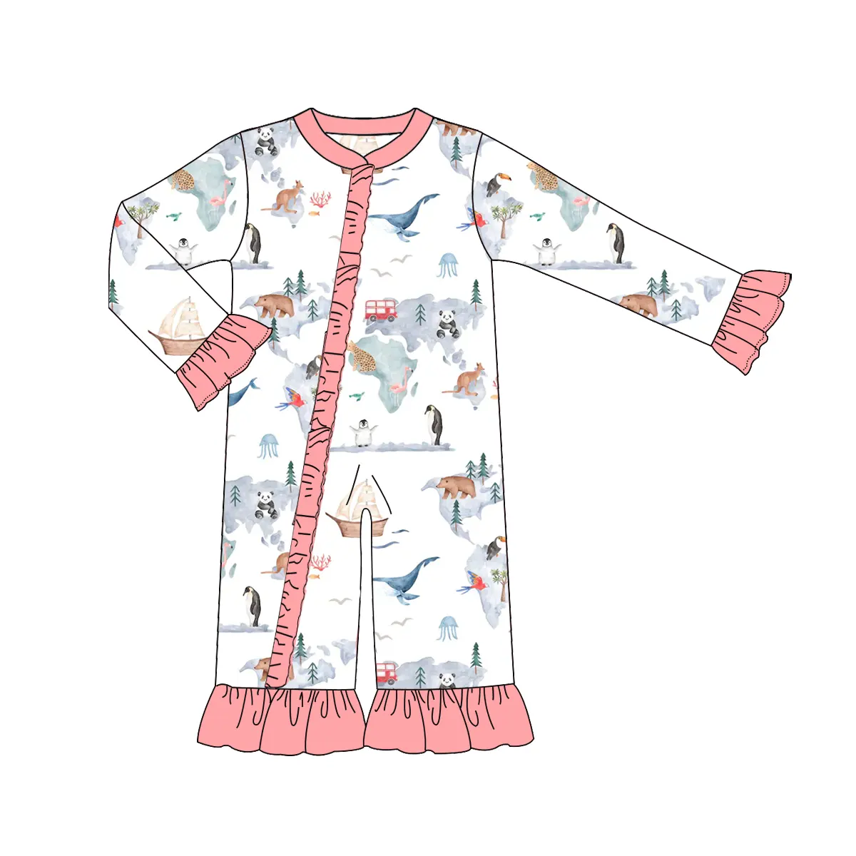 Custom moq 3 eta 7/8week moq 5 eta /4/5week Ink style animal world pink pleated cuffs long zipper crawling suit