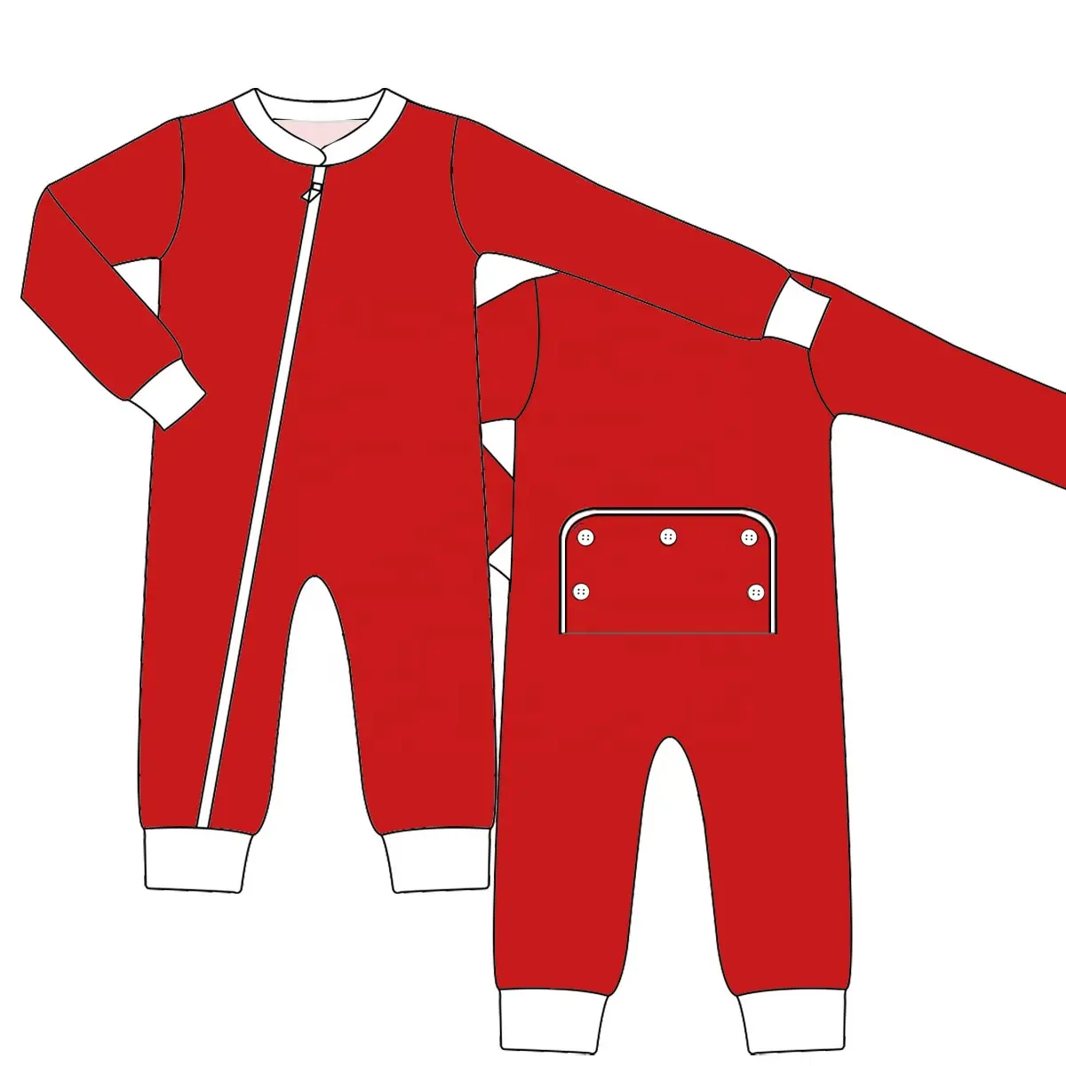 Custom moq 3 eta 7/8week moq 5 eta /4/5week White elastic cuffs and red hem long zippered romper