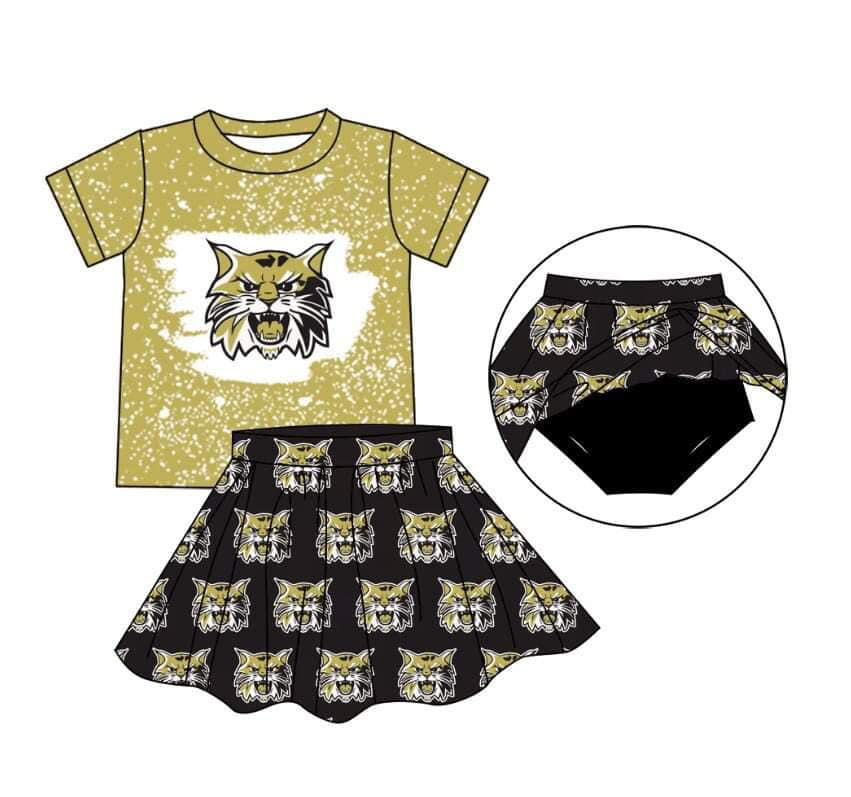 Custom moq 3 eta 6-8weeks White Polka Dots - Cat Head Pattern Yellow Green Short Sleeves - Black Skirt Set