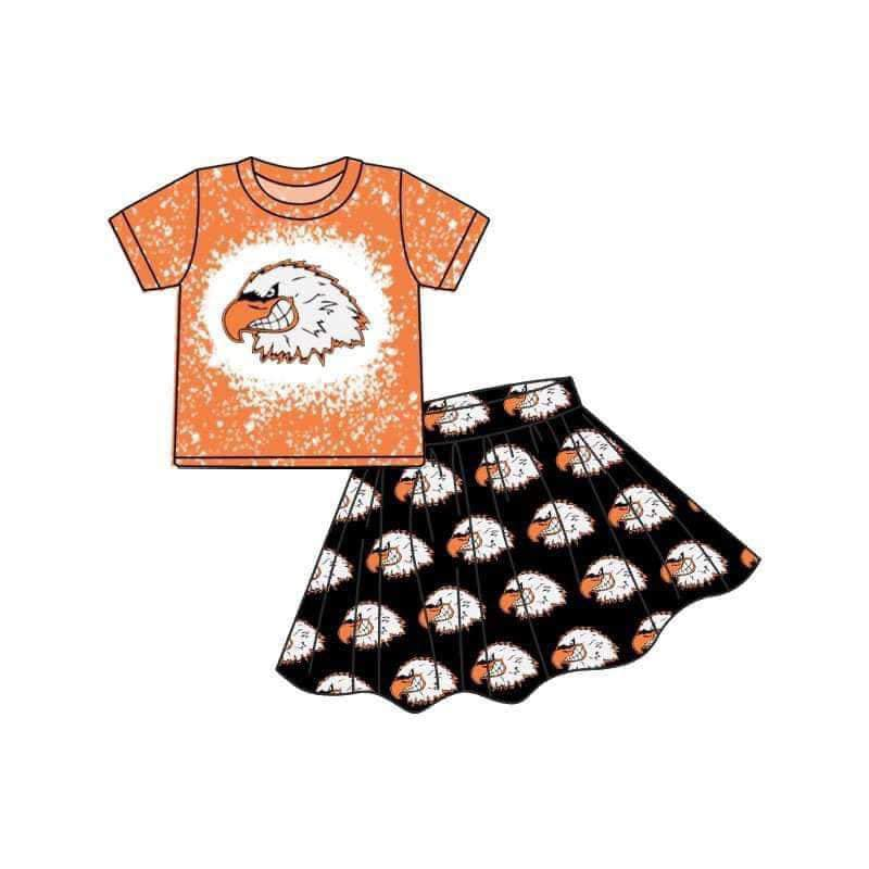 Custom moq 3 eta 6-8weeks White Polka Dots - Plush Eagle Head Pattern Orange Short Sleeves - Black Skirt Set