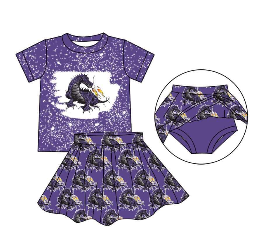 Custom moq 3 eta 6-8weeks Dark White Polka Dot-Fire-Breaking Dinosaur Pattern Purple Short Sleeve Miniskirt Suit