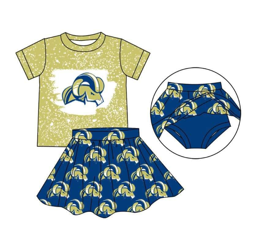 Custom moq 3 eta 6-8weeks White Polka Dot-Animal Head Pattern Yellow Short Sleeve-Blue Short Skirt Set
