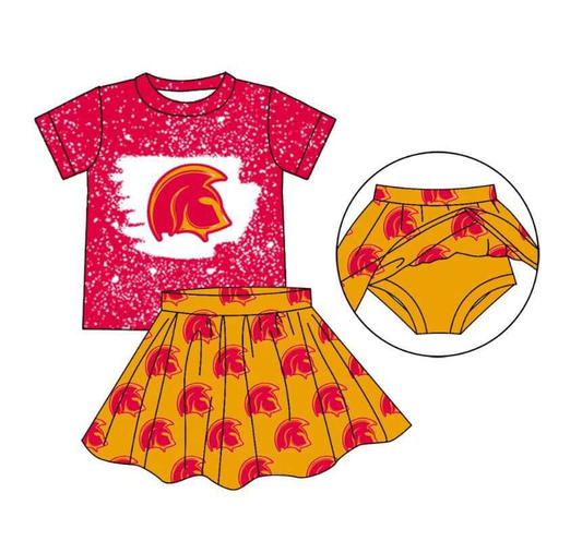 Custom moq 3 eta 6-8weeks White Polka Dot-Helmet Pattern Red Short Sleeve-Yellow Short Skirt Set