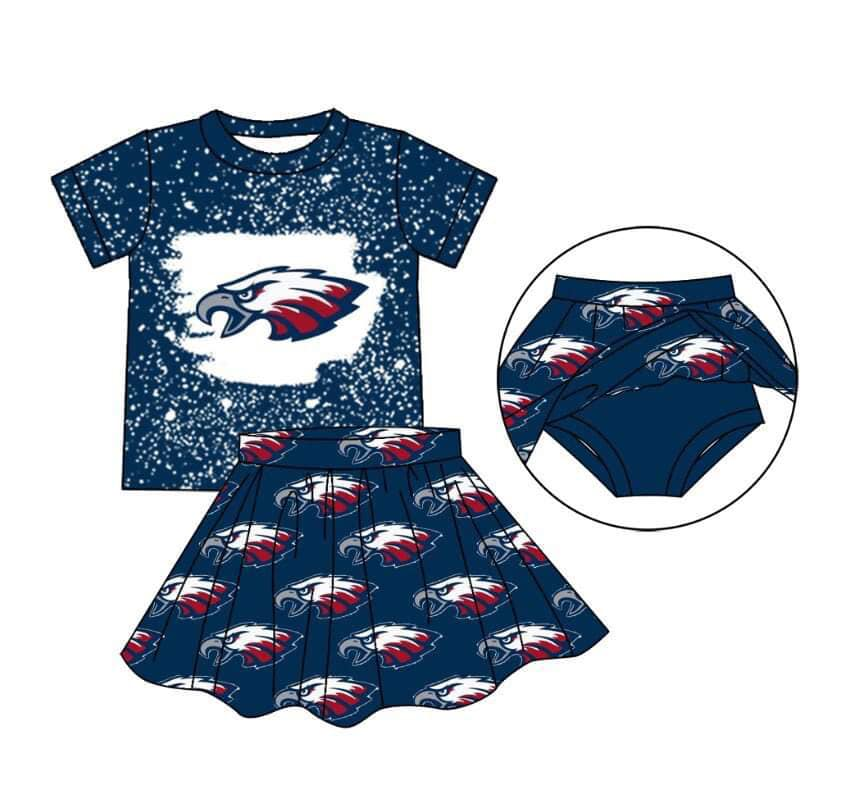Custom moq 3 eta 6-8weeks White Polka Dot-Eagle Head Pattern Dark Blue Short Sleeve Miniskirt Suit