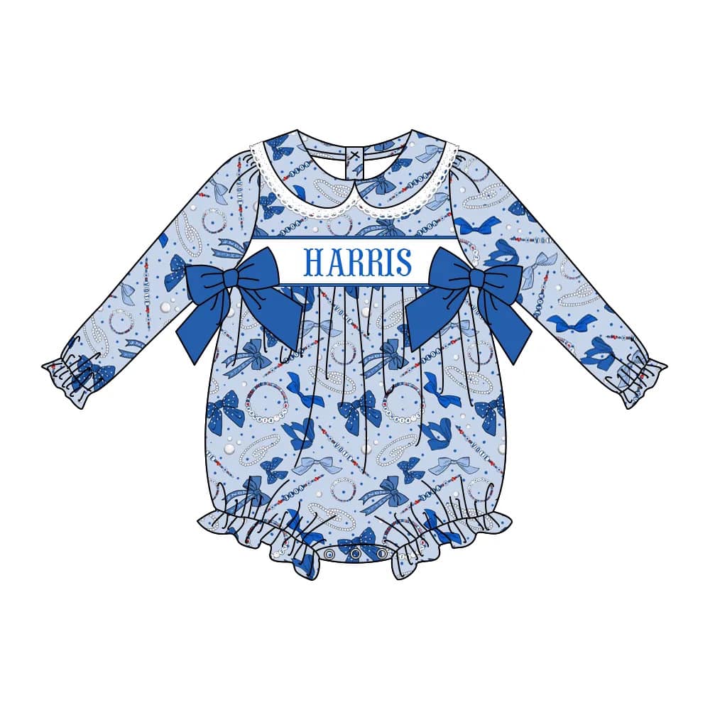 Custom moq 3 eta 7/8week moq 5 eta /4/5week  Pearl necklace jewelry pattern blue bow decoration lace edge baby collar long sleeve short romper