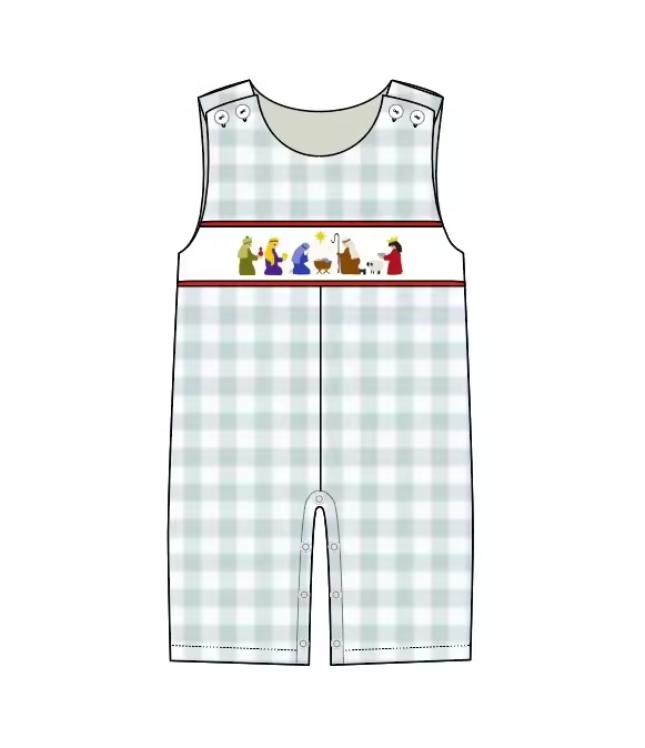 Custom moq 3 eta 6-8weeks Gray Green Plaid Button Shoulder Sleeveless Romper