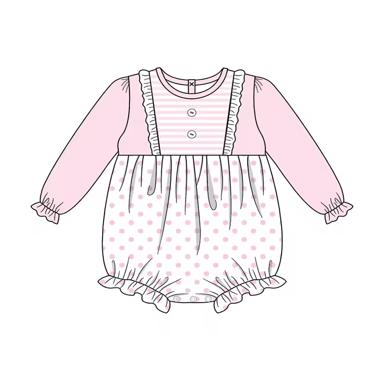 Custom moq 3 eta 6-8weeks   Pink Polka Dot Ruffle Long Sleeve Romper