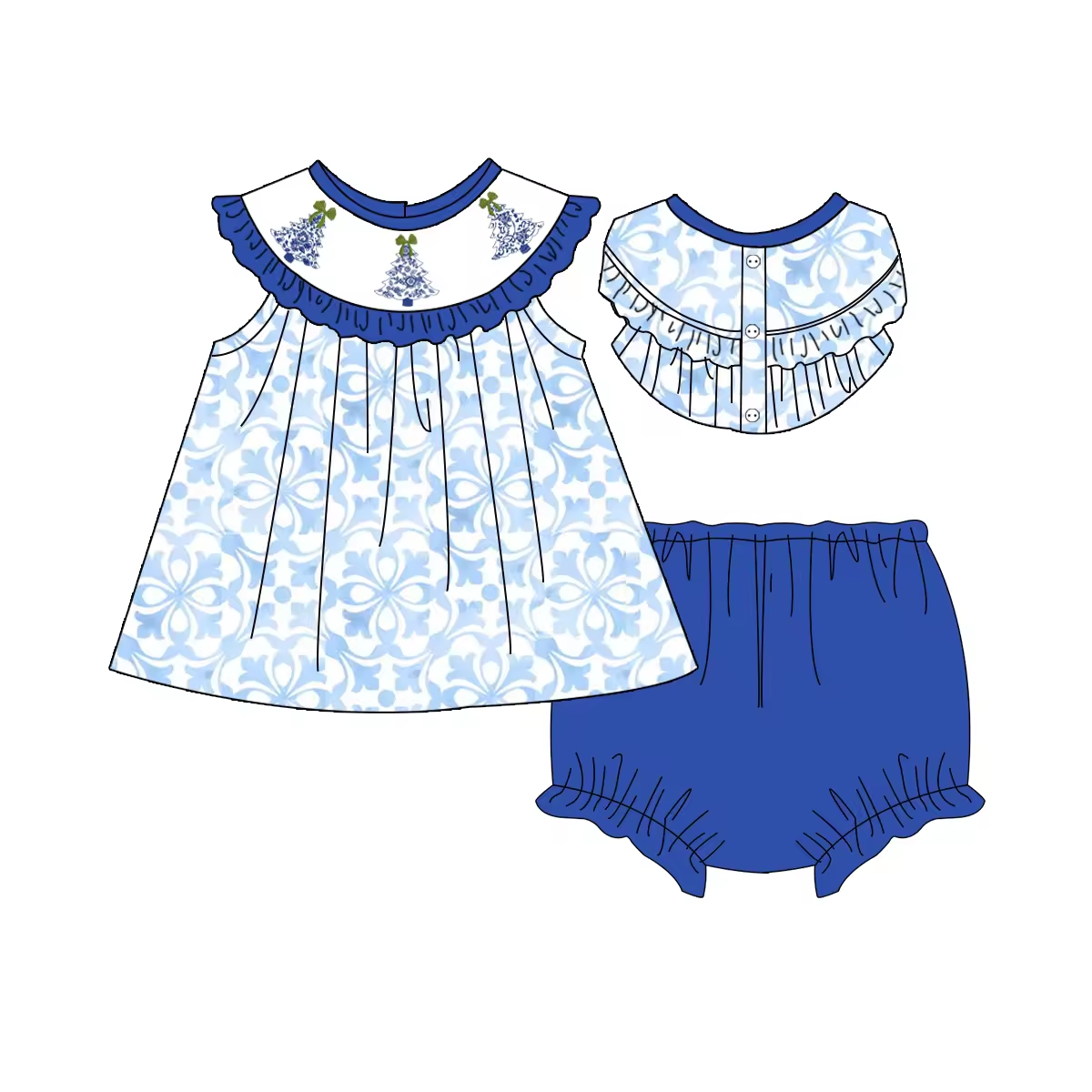 Custom moq 3 eta 6-8weeks Blue and White Porcelain Pattern Petal Edge Neckline Sleeveless Top - Pure Blue Shorts Set