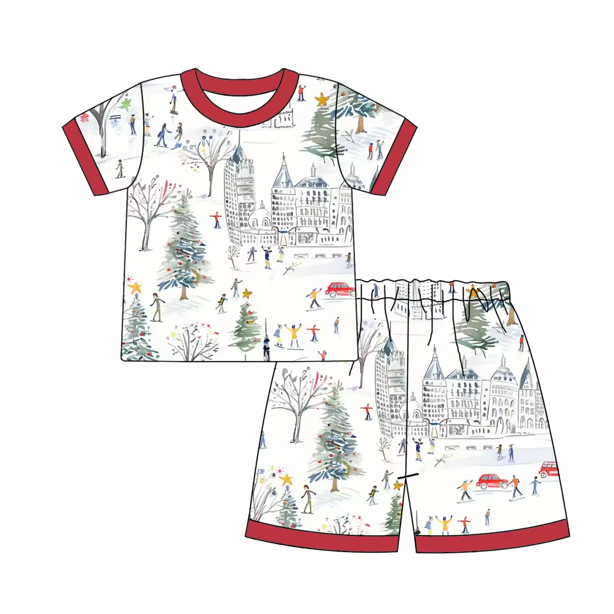 Custom moq 3 eta 6-8weeks Snow World Christmas Tree-Skiing Man Short Sleeve Shorts Set