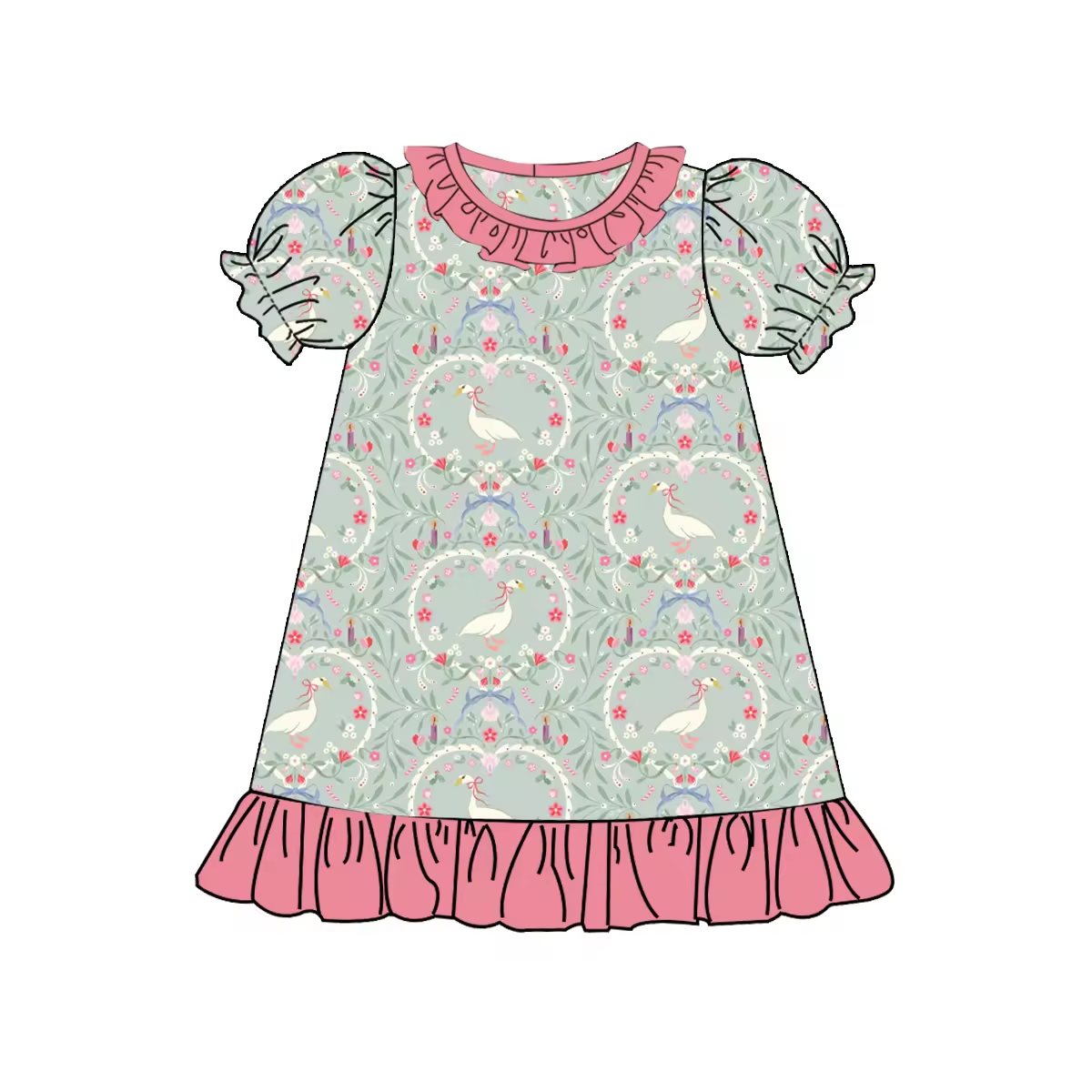 Custom moq 3 eta 6-8weeks Heart-Leaf Pink Pleated Neckline-Puff Skirt Short Sleeve Dress